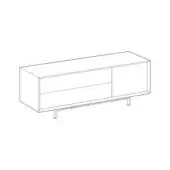 Media console, matte white finish, rectangular form with tapered legs and recessed drawer/door storage compartments.