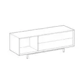 Media console line drawing, white background, open compartment left, two drawers right, tapered legs, minimalist rectilinear design.