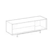 Low console media unit line drawing, white background, rectangular form, single shelf, drawer, tapered cylindrical legs.