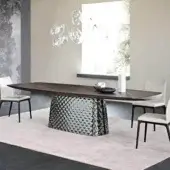 Sophisticated Cattelan Italia Atrium Wood table with Canaletto walnut barrel top and quilted curved glass base