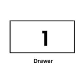 White drawer with bold black number one, labeled “Drawer” below, featuring a rectangular shape and smooth painted finish.