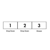 Horizontal layout of three numbered boxes displaying “Drop Down” and “Drawer” labels in black sans-serif font on a white background.