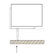Monitor with dark gray frame on conical brushed metal leg, above textured beige floor with diagonal pattern, blank light gray screen.