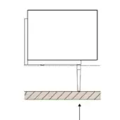 Rectangular monitor with dark frame on light gray wall, supported by tapered legs above tan textured floor, featuring upward arrow.