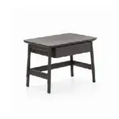 Dark gray side table with rectangular scalloped top and single drawer, tapered legs, visible wood grain, matte finish, studio lighting.