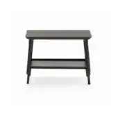Mid-century shelf, dark gray wood, four tapered legs and rectangular form, minimalist design, matte finish, studio product shot.