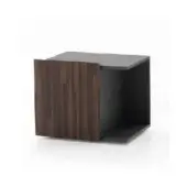 eric nightstand leftdoor, dark wood veneer and matte gray, cube shape with recessed shelf and slight overhang.