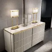 Exclusive DV Home Collection Elite dresser crafted in Italy with light beige leather and a marble-like top with golden stainless steel accents and glossy finish