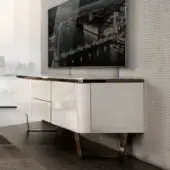 Elite DV Home Collection TV stand with glossy white lacquer and dark wood-like top, built with angled chrome-like metal supports