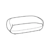 Curved sofa, black line drawing, three-seater design with low profile, rounded arms, and minimal circular legs, modern aesthetic.