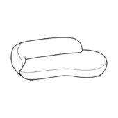 Curved sofa line drawing, monochromatic black on white, continuous rounded form with low profile and cylindrical legs.