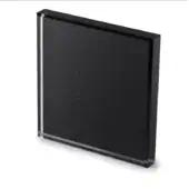 Acrylic plaque with black panel, beveled edges, and glossy finish displayed against a white backdrop for material showcase.