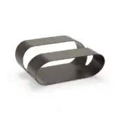 Metal side table, dark brown, layered oval design with asymmetrical cutout, matte finish, minimalist geometric form, white background.