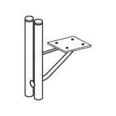 Black metal mounting bracket with cylindrical posts, extending arm, and square plate featuring multiple drilled holes for secure installation.