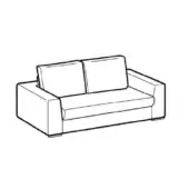 Two-seater sofa line drawing, rectangular form, cushioned, square back cushions, short legs, minimalist modern design, white background.