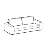Three-seater sofa line drawing, black on white, rectangular form with squared armrests and two back cushions, low profile upholstery texture.