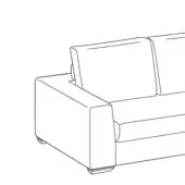 Three-seater sofa line drawing, black on white, rectangular form with squared armrests and angled cushion back.