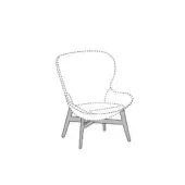 Lounge chair with rounded shell, cushioned seat, and light wood angled legs; schematic drawing with dashed outlines on white background.