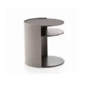 Side table, dark gray metal, cylindrical form with three circular tiers and a rectangular cutout in the central support column.