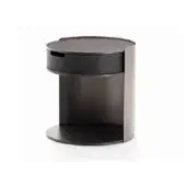 Dark brown cylindrical bedside table with recessed drawer and open shelf, solid wood construction, matte finish, minimalist modern design.