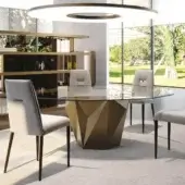 Distinctive Reflex Origami table with faceted wood base in bronze tone and matte satin finish, topped with transparent glass