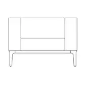 Two-seater sofa line drawing, black on white, with squared armrests, rectangular back, and tapered legs.