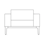 Loveseat line drawing, black on white, rectangular form with squared armrests and low, curved legs, minimalist geometric design.