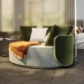 Distinguished Reflex Hug chaise with rounded form and textured light gray-green fabric, accented by olive green velvet and subtle metal plinth base