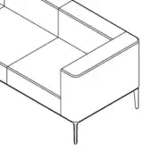 Modular sectional sofa line drawing, black and white, squared armrest, tapered legs, rectangular form, studio illustration.