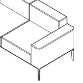 Sectional sofa module, black and white line drawing, squared armrests, rectangular cushion, tapered cylindrical legs, modern geometric design.