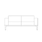 Two-seater sofa line drawing, black on white, rectangular form with squared armrests and divided back cushions, tapered legs.