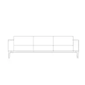 Three-seat sofa black and white line drawing, rectangular shape, low profile, squared armrests, tapered legs, minimalist design.