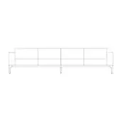 Four-seat sofa line drawing, rectangular form, low profile, square armrests, tapered legs, minimalist modern design, white background.