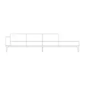 Three-section sofa line drawing, white background, rectangular silhouette, low profile, tapered legs, minimalist modern design.