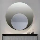 Exceptional Reflex Nuance mirror with round panel in shiny and etched glass, a subtle gray gradient and beveled internal mirror