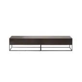 Media console, dark brown woodgrain finish, with black metal squared tubing frame and minimalist low-profile design against a white backdrop.