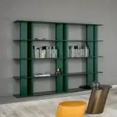 Distinctive Bonaldo Dogma bookcase with tear-drop uprights and coal oak wood shelves in a striking dark green hue