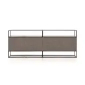 Media console, dark metal frame, with two woven gray-brown cabinet doors and open shelving, rectilinear design, studio product shot.