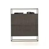 Console table, gray wood grain, with dark metal frame; books and black leather accent displayed on ledge; studio shot.