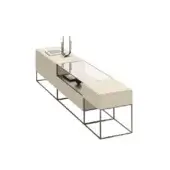 Console table, beige matte top, recessed glass panel, dark gray metal frame, sculptural black accent, minimalist design, studio shot.