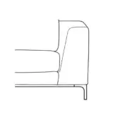 Modern sofa line drawing, black on white, curved backrest and armrests, rectangular seat cushion, minimalist single leg support.