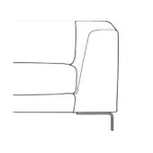 Sofa side profile drawing, curved backrest, rounded armrest, angled leg, recessed seat cushion, minimalist design, black lines, white background.