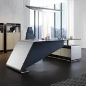 Innovative Reflex Oh desk with quilted dark leather and metallic painted wooden structure in glossy silver finish