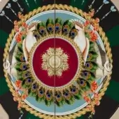 Decorative circular panel, gold floral motif, red center, doves, peacock feathers, orange flowers, dark green background, twisted rope border.