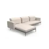 Beige fabric sectional sofa, “ada compo,” L-shape with chaise, dark gray metal base, low profile, rounded cushions, minimalist design.