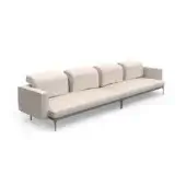 Ada Compo sofa, light beige fabric, low profile with rounded cushions and dark gray metal legs, minimalist contemporary design.