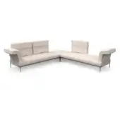Modular sectional sofa, light beige fabric, L-shape with wide backrest and squared armrests on dark gray metal legs.