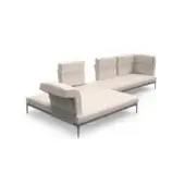 Ada Compo sectional sofa, light beige fabric, L-shape with chaise, angled cushions, dark gray metal legs, minimalist studio shot.