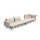 Modular sofa, light beige fabric, three-section curved design with integrated cushions and dark gray metal tapered legs.