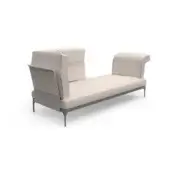 Beige linen sofa, “ada compo,” with curved armrest, angular back, dark gray metal tapered legs, minimalist contemporary design.